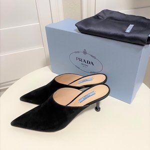 Prada Donna Suede Pointy Toe sandals Slip-On Kitten Heel Mules NIB